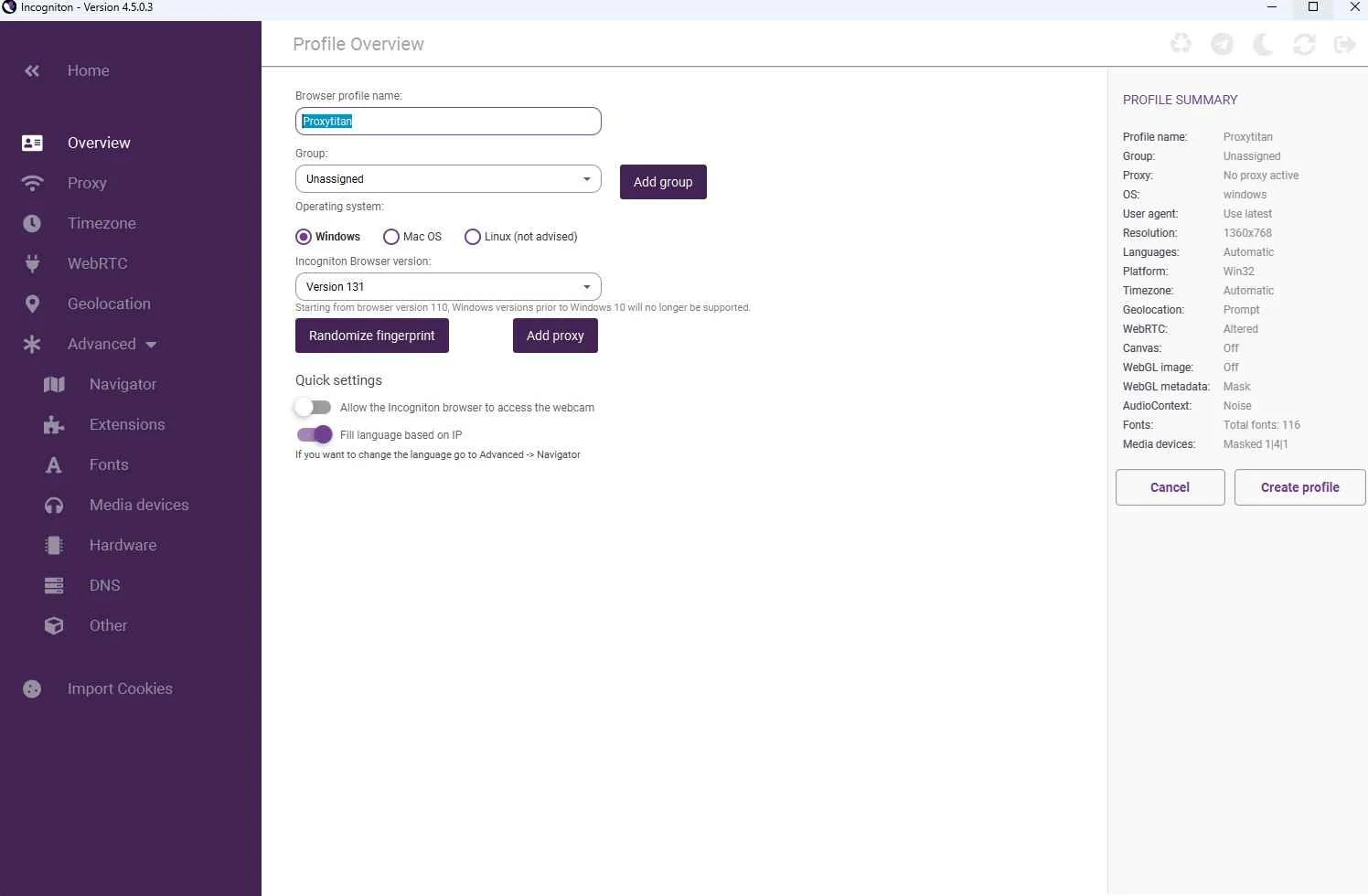 Create a browser profile in Incogniton